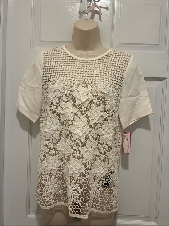 Tibi Tops - Tibi Cream Floral Crochet Lace see thru Short Sleeve Top